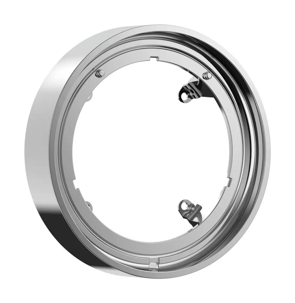 Runde, glatte Verlängerungsrosette aus Chrom mit zwei Befestigungselementen. Produkt von Hansgrohe für Armaturenträger oder ähnliches.